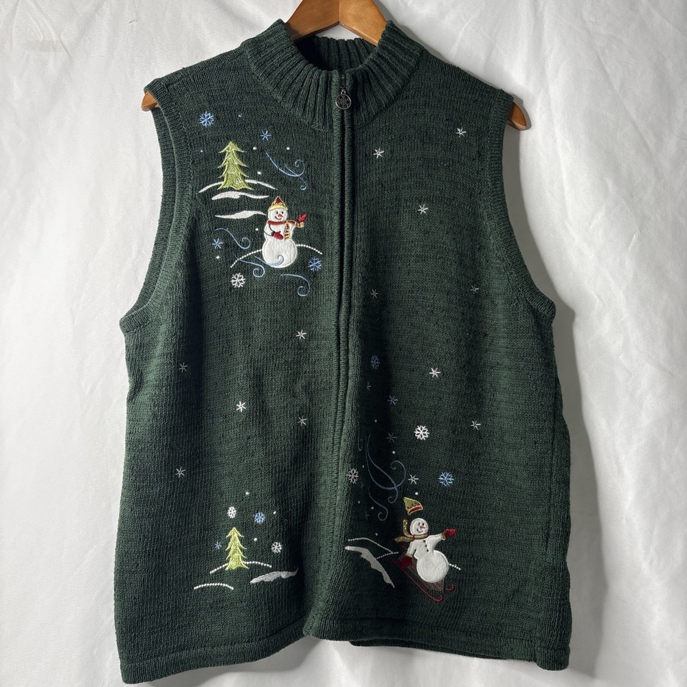 Breckenridge Holiday Full Zip XL Green Snowman Embroidered Sleeveless Vest